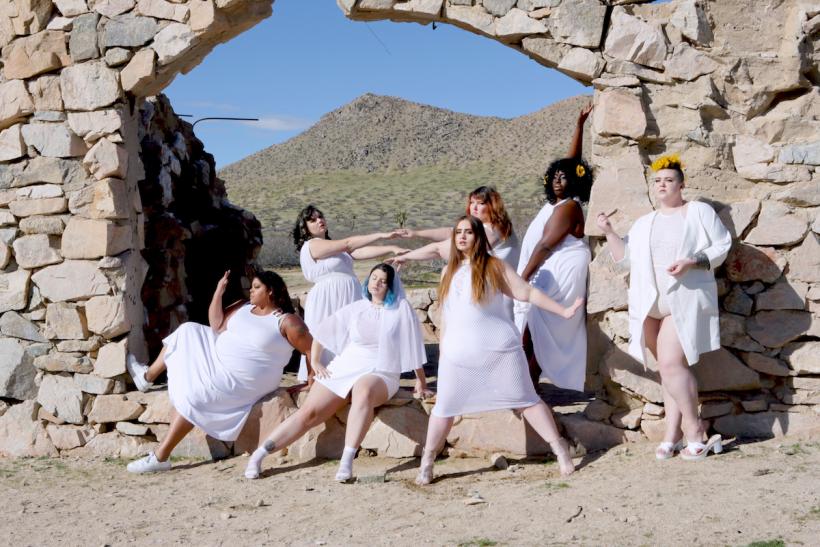 (Photo by Suma Jane Dark. Front row, L-R: Jessica Rihal, Manon Marchetti Edwards, Hayley Herms, and Megan Kimberling. Rear: Jules Wood, Laurel Dickman, and Astra Varnado.)