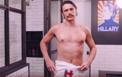 James Franco, in a towel, #withher. (Image: Youtube) 