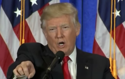 Screenshot taken from press conference footage in which Donald Trump tells a CNN reporter that he is "fake news." Very professional.